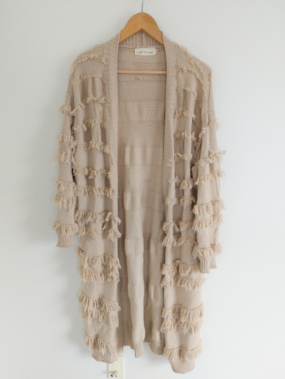 Lost In Lunar Beige Fringe Knit Open Front Long Duster Cardigan Sweater S/M